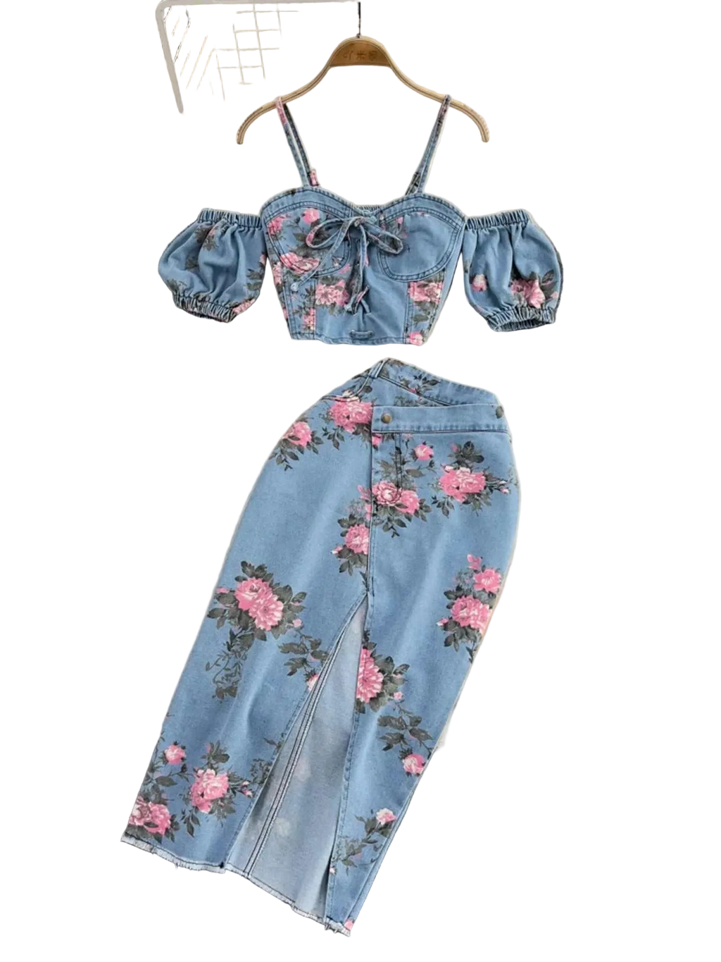 Floral print sweetheart neck cami with puff sleeves and denim skirt set with slit and smocked waist