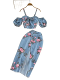 Floral print sweetheart neck cami with puff sleeves and denim skirt set with slit and smocked waist