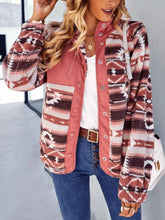 Aztec print fleece snap down jacket with button and zipper closure, lined body, 100% polyester material
