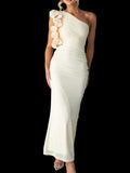 One-shoulder floral trim sleeveless maxi dress with ruched zipper and slight stretch