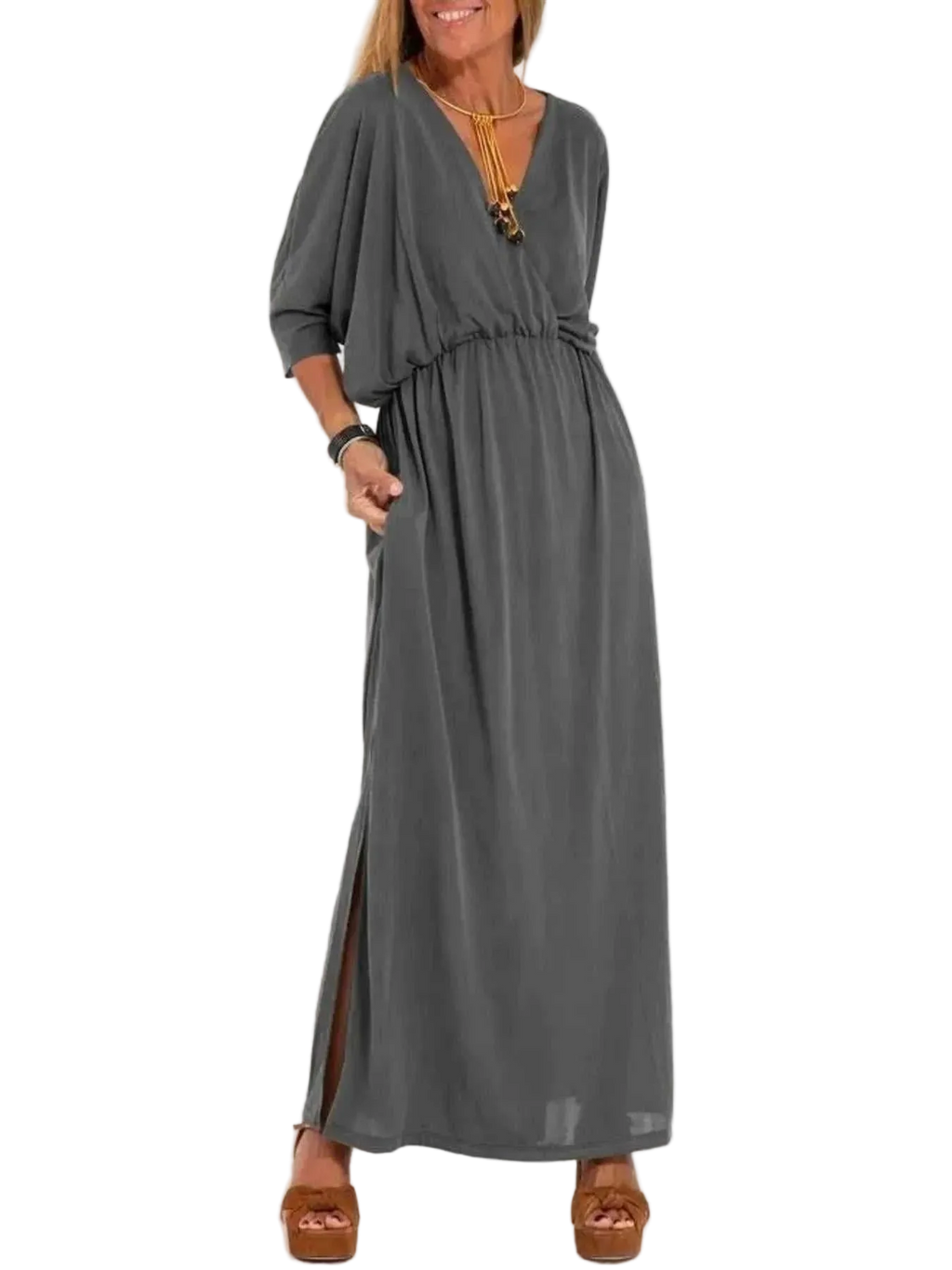 Plus size full size V-neck batwing sleeve maxi dress with side slits and pockets