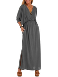 Plus size full size V-neck batwing sleeve maxi dress with side slits and pockets