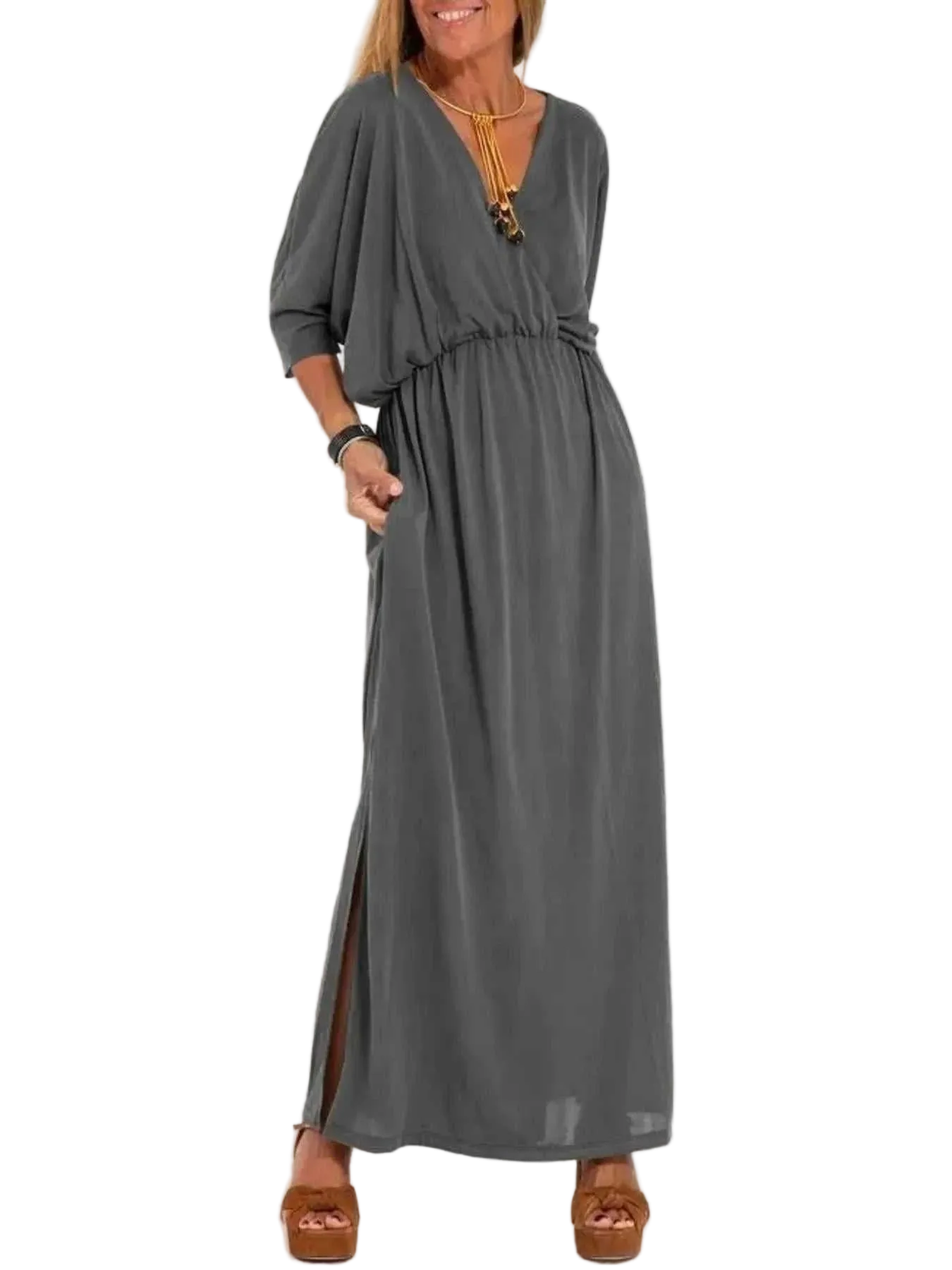 Plus size full size V-neck batwing sleeve maxi dress with side slits and pockets