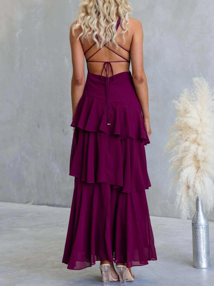 Sleeveless ruffled layered backless maxi dress with tied straps in polyester fabric
