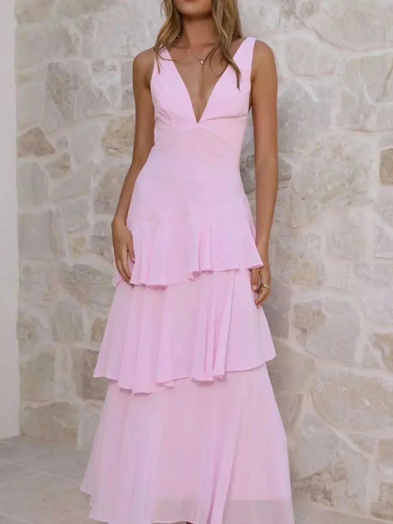 Sleeveless ruffled layered backless maxi dress in polyester with tied details