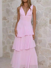 Sleeveless ruffled layered backless maxi dress in polyester with tied details