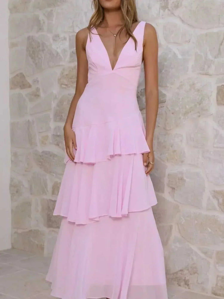 Sleeveless ruffled layered backless maxi dress in polyester with tied details