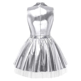 Women shiny V neck satin dress metallic pleated mini with tulle layers