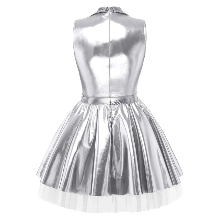 Women shiny V neck satin dress metallic pleated mini with tulle layers