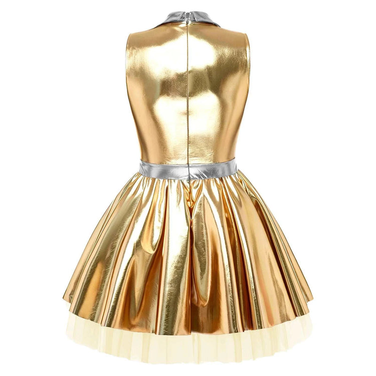 Women shiny V neck satin dress metallic pleated mini tutu with tulle layers