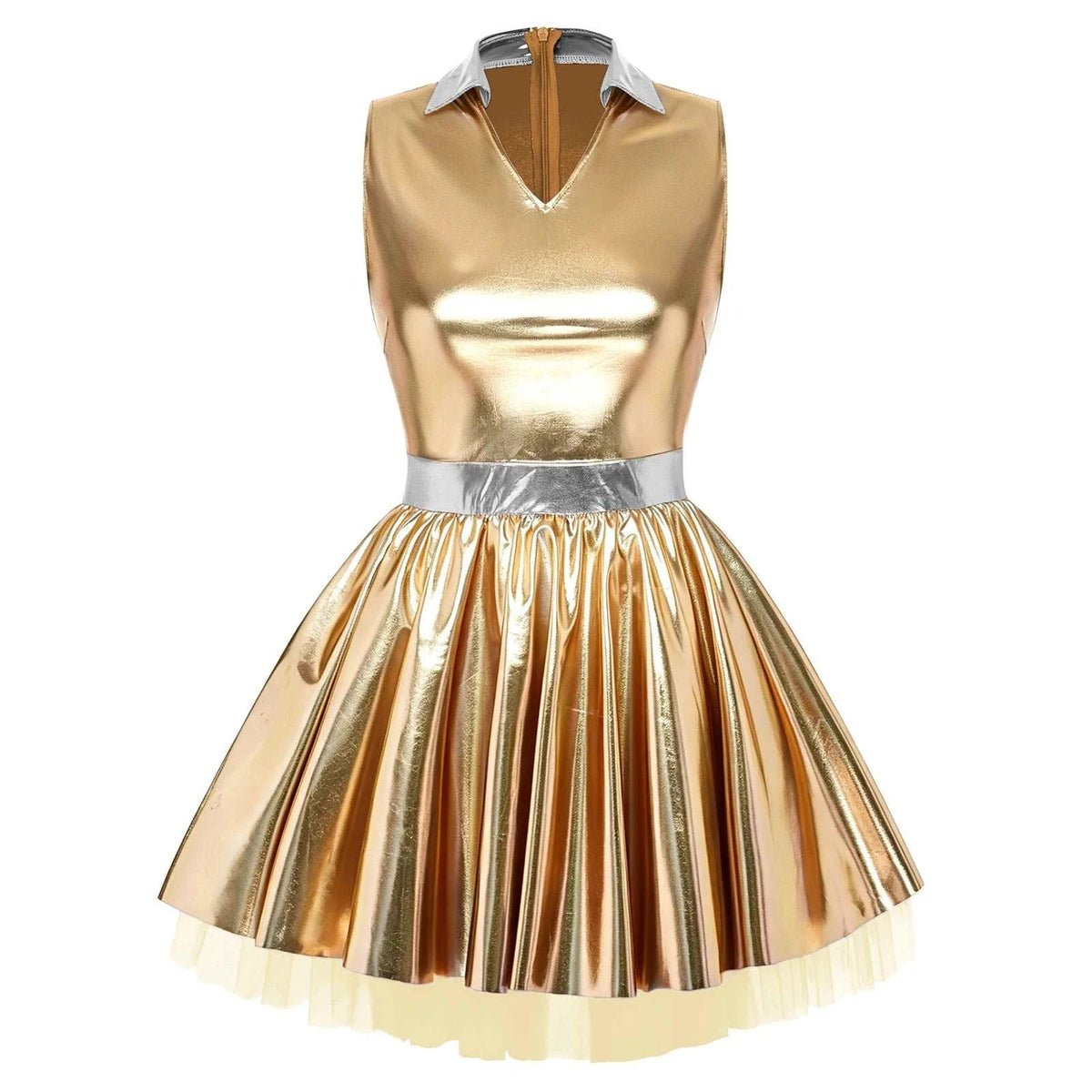 Women shiny V neck satin dress metallic pleated mini tutu with tulle layers
