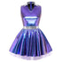 Women shiny V neck satin mini dress with metallic pleated skirt and tulle layers