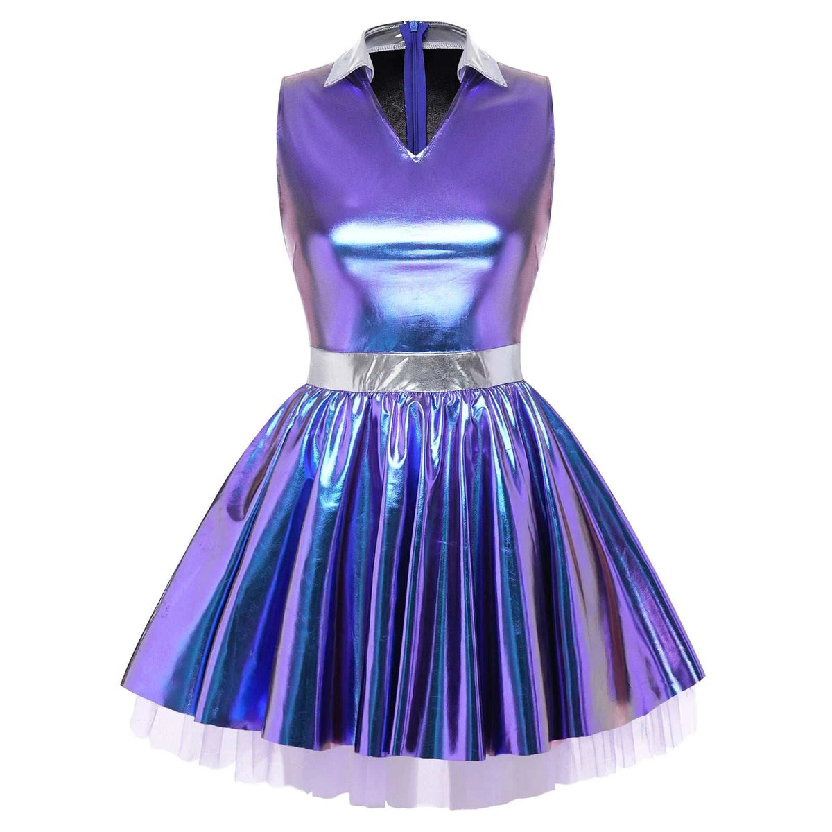 Women shiny V neck satin dress sleeveless metallic pleated mini tutu with tulle layers