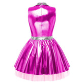Women shiny V neck satin dress metallic pleated mini tutu with tulle layers