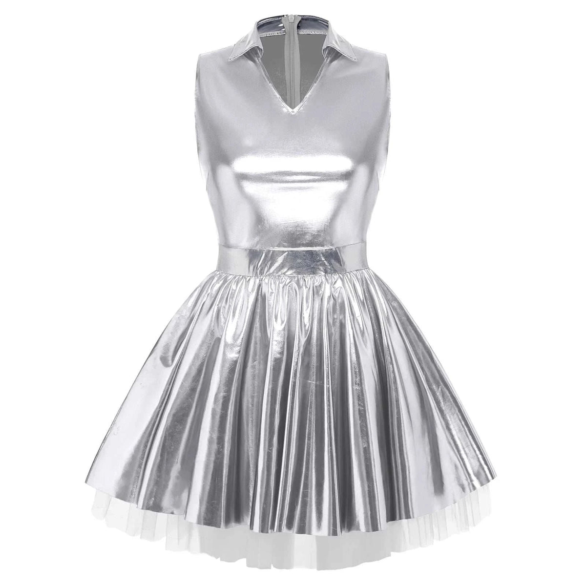 Women shiny V neck satin dress metallic pleated mini tutu with tulle layers