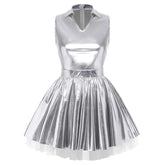 Women shiny V neck satin dress metallic pleated mini tutu with tulle layers