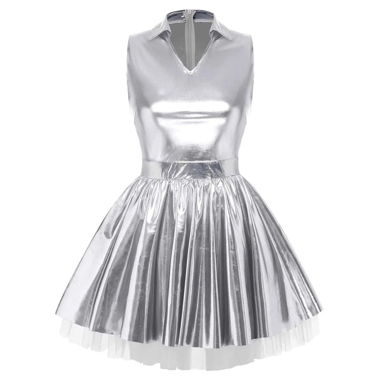 Women wearing shiny metallic V neck satin disco mini dress with sleeveless A-line tulle layers
