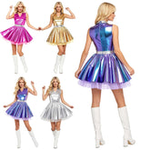Women shiny V neck satin dress metallic pleated mini with tulle layers