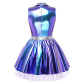 Women shiny V neck satin disco dress with metallic pleated mini skirt and tulle layers