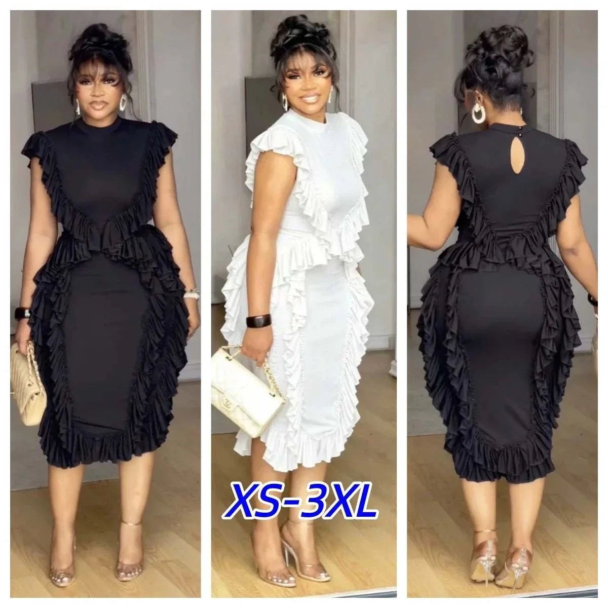 Black sleeveless women summer ruffles midi dress with round neck and slim fit for evening parties