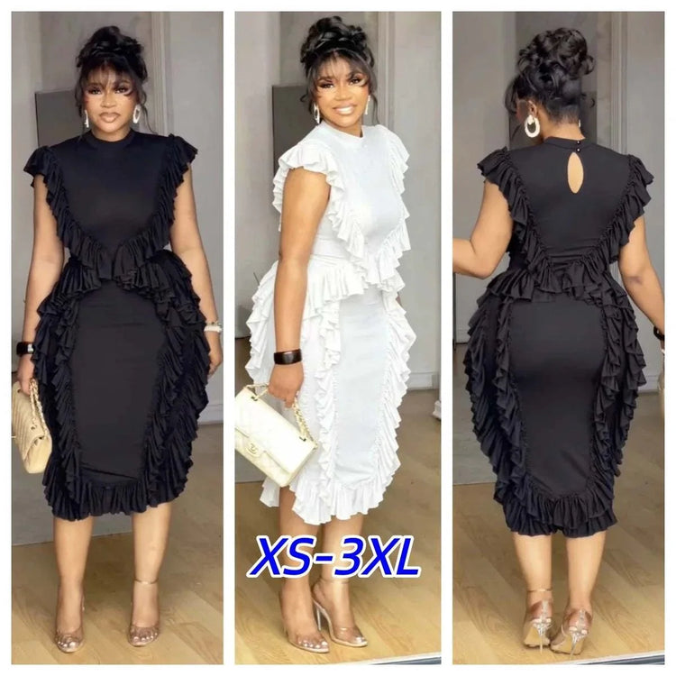 Black sleeveless women summer ruffles midi dress with round neck and slim fit for evening parties