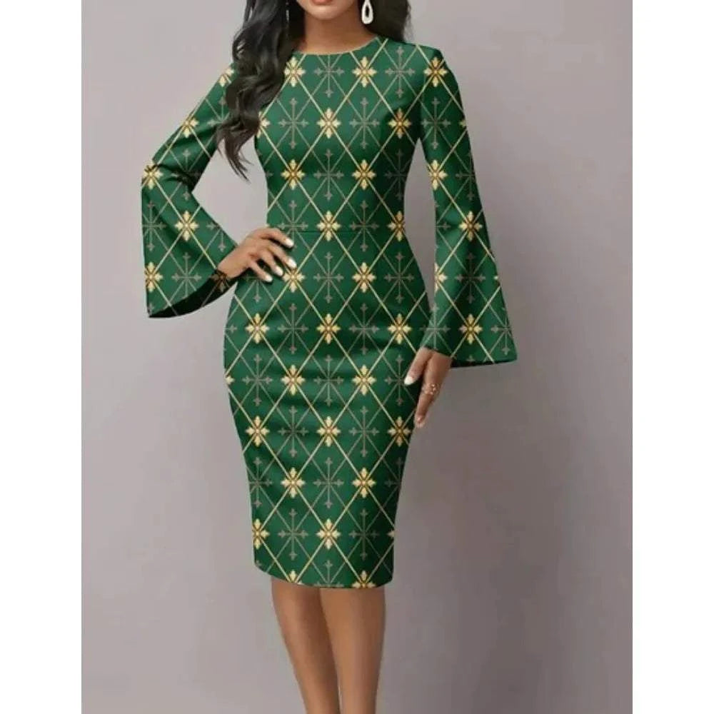 Women dark blue bodycon dress with flared butterfly sleeves and gold metallic swirl print