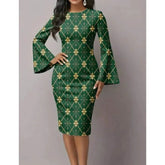 Women dark blue bodycon dress with flared butterfly sleeves and gold metallic swirl print