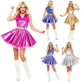 Women shiny V neck satin dress metallic pleated mini with tulle layers