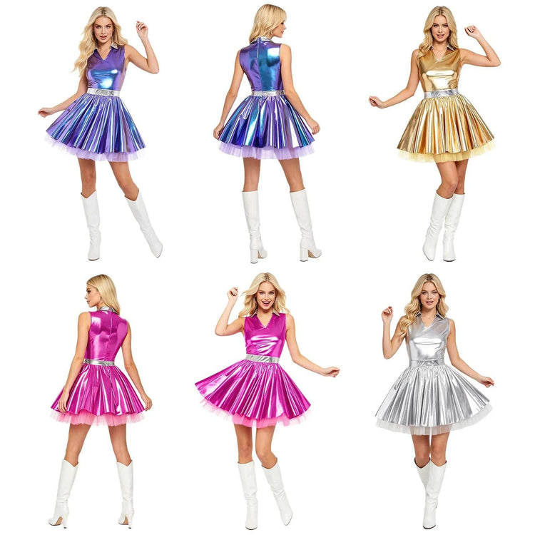 Women shiny V neck satin dress sleeveless metallic pleated mini party tutu dress with tulle layers