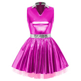 Woman wearing shiny V neck satin disco mini dress with sleeveless A-line design and metallic pleated tulle layers