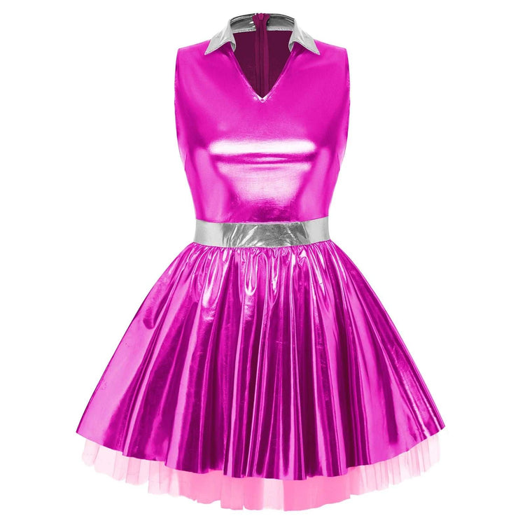 Woman wearing shiny V neck satin disco mini dress with sleeveless A-line design and metallic pleated tulle layers