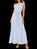 Elegant single shoulder tie waist maxi dress in slightly stretchy polyester fabric