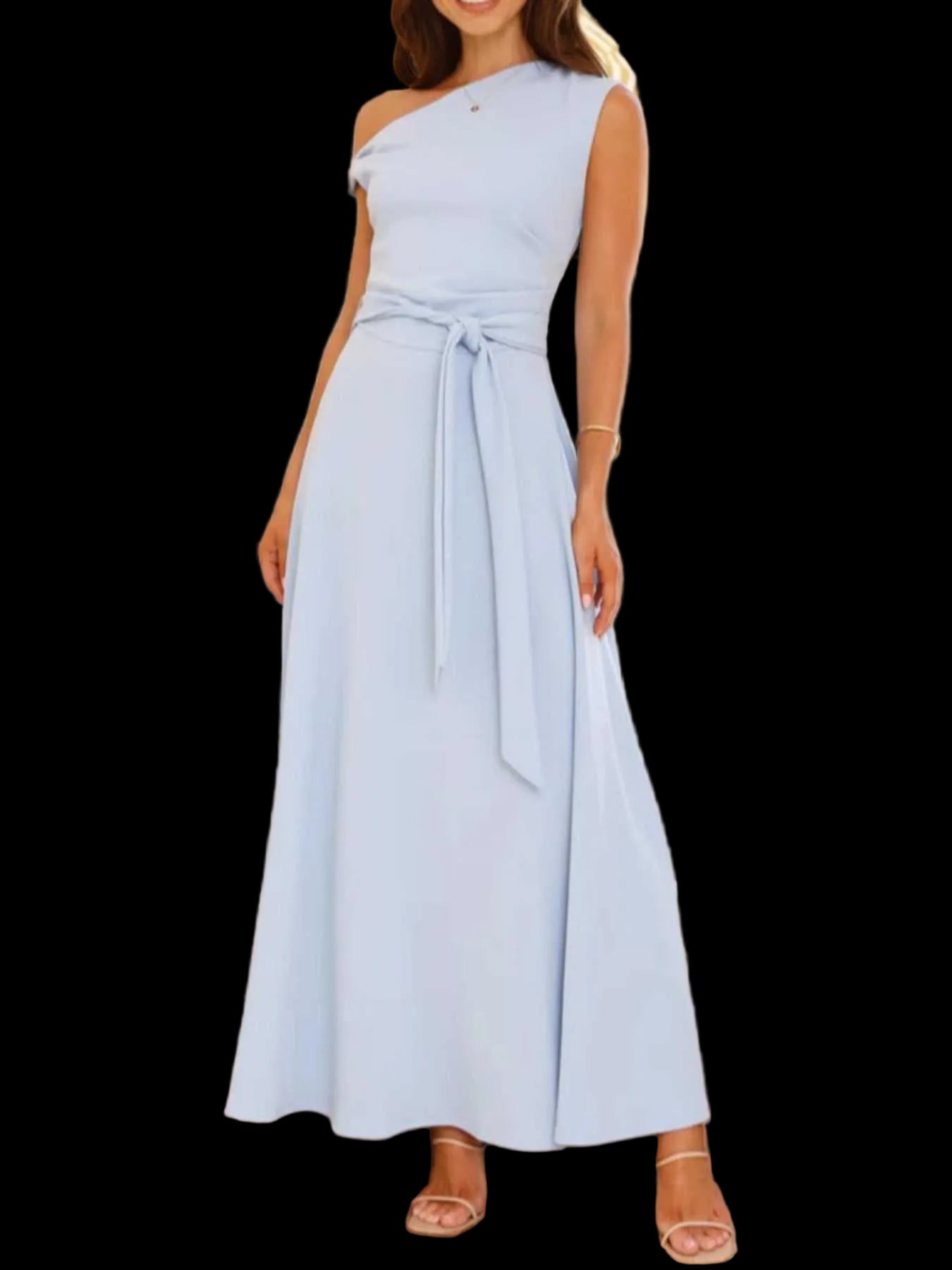 Elegant single shoulder tie waist maxi dress in slightly stretchy polyester fabric