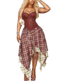 Woman wearing Sweetheart Neck Cami with asymmetrical plaid skirt set stylish outfit