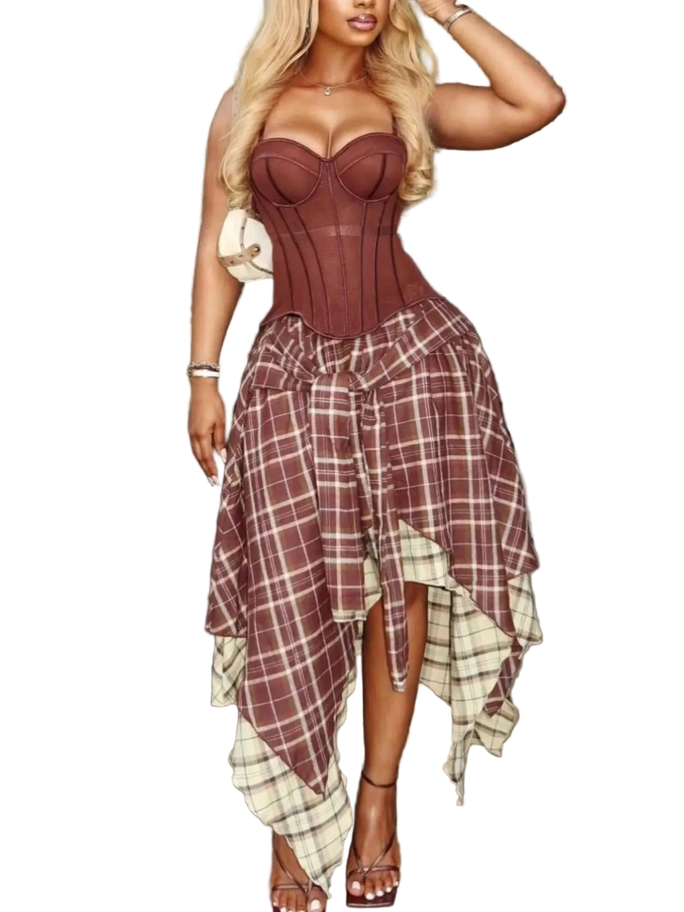 Woman wearing Sweetheart Neck Cami with asymmetrical plaid skirt set stylish outfit