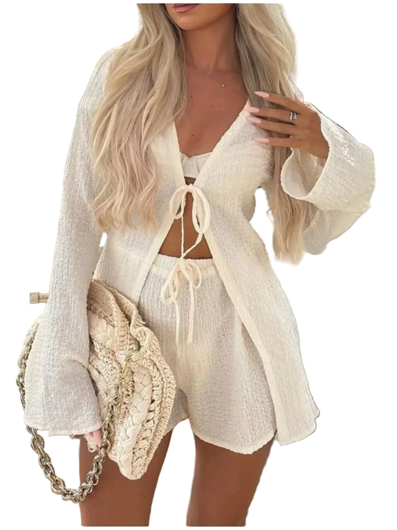 Women's two-piece tie-front cover-up and shorts set in slightly stretchy polyester fabric