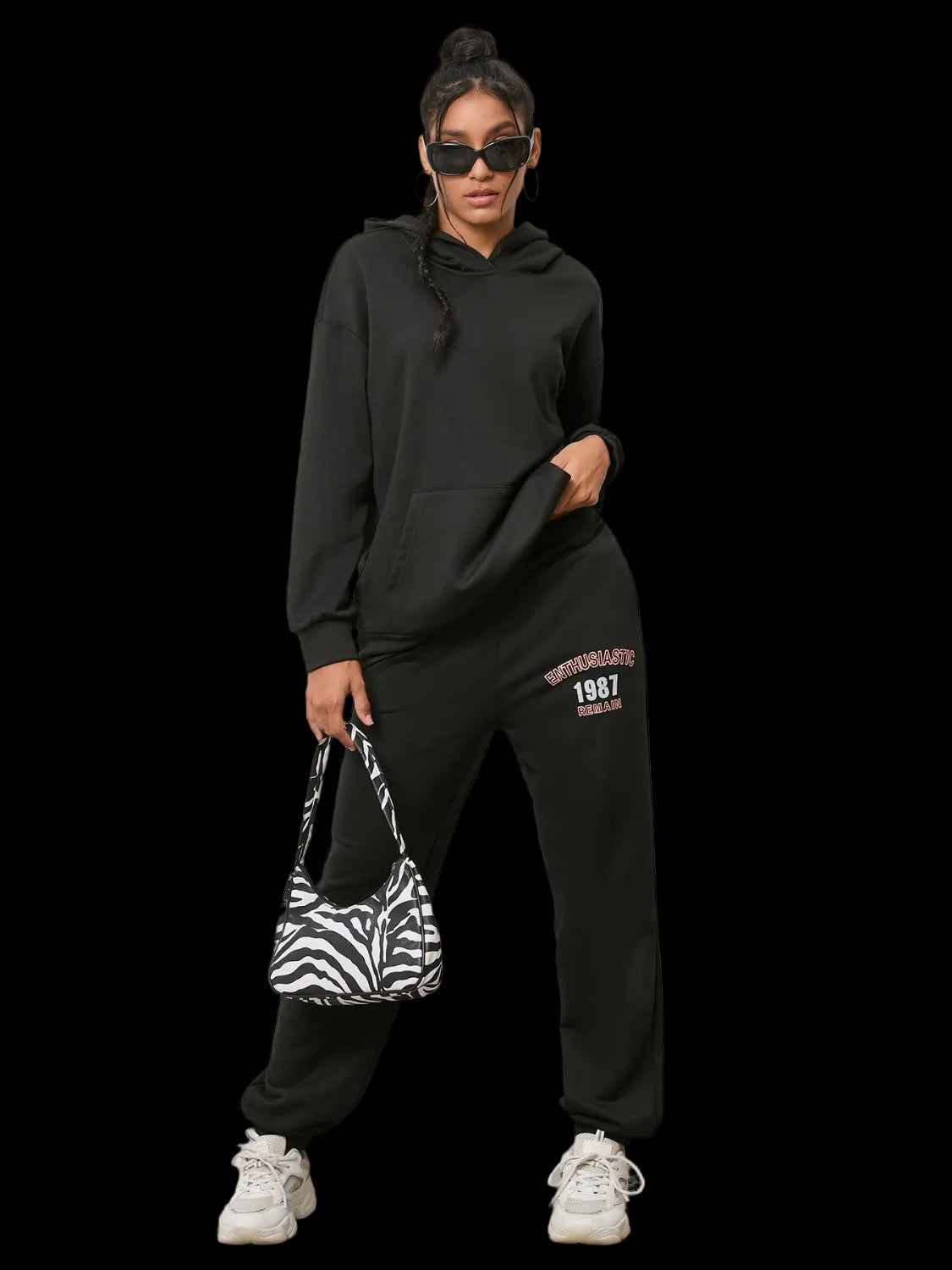 Two-piece graphic hoodie and sweatpants set in basic style, slightly stretchy polyester fabric