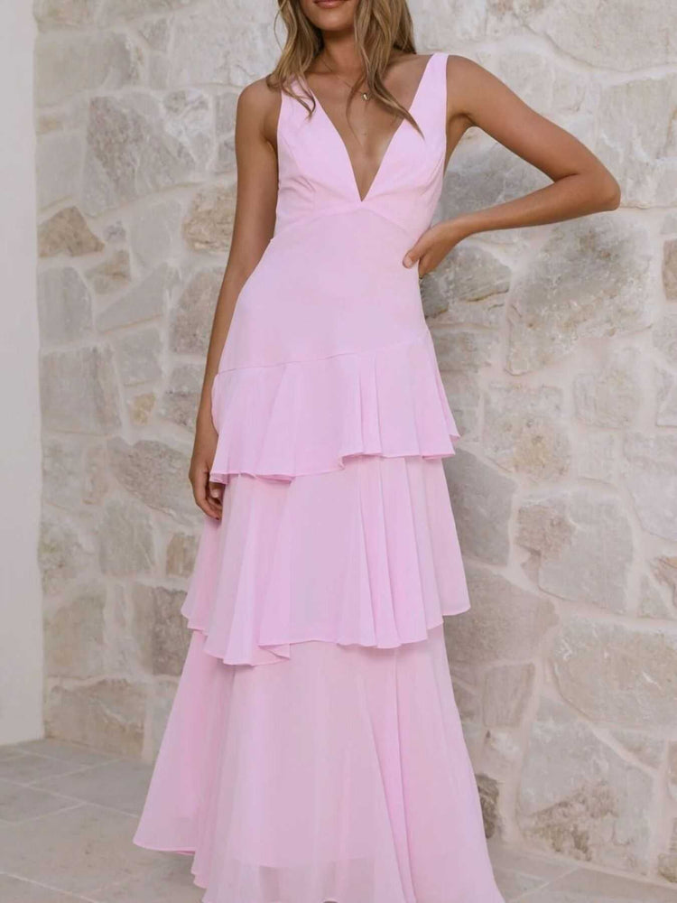 Sleeveless ruffled layered backless maxi dress with tied detail and no stretch in 100% polyester