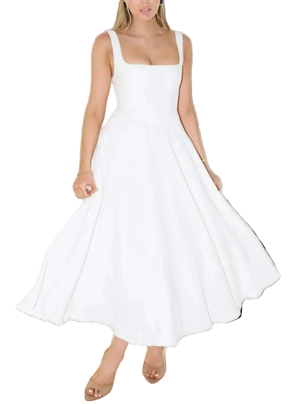 Black square neck sleeveless midi dress with slight stretch and basic style