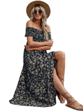 Plus size floral off-shoulder midi dress with side slit and smocked neckline