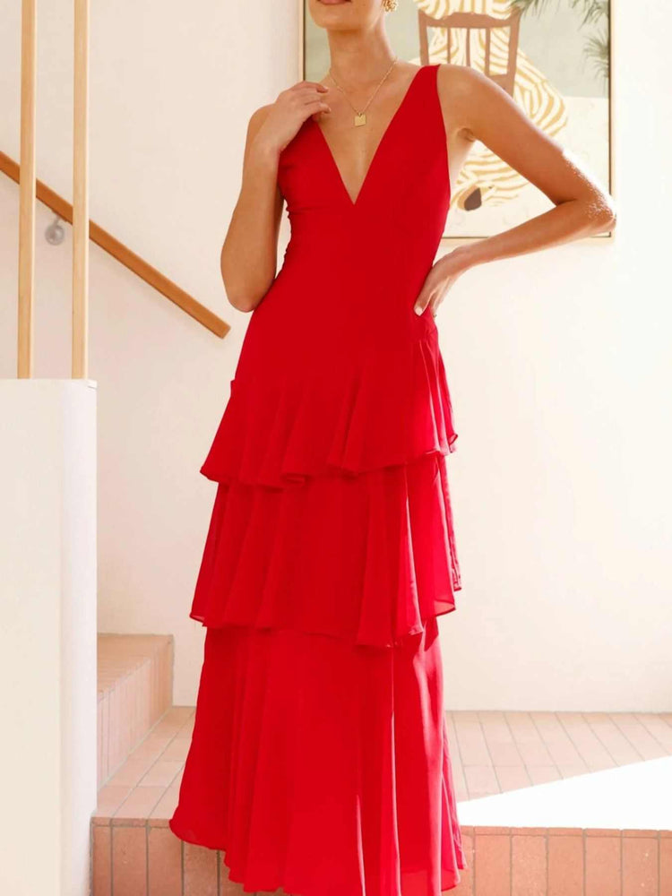 Sleeveless ruffled layered backless maxi dress with tied detail in lightweight polyester fabric