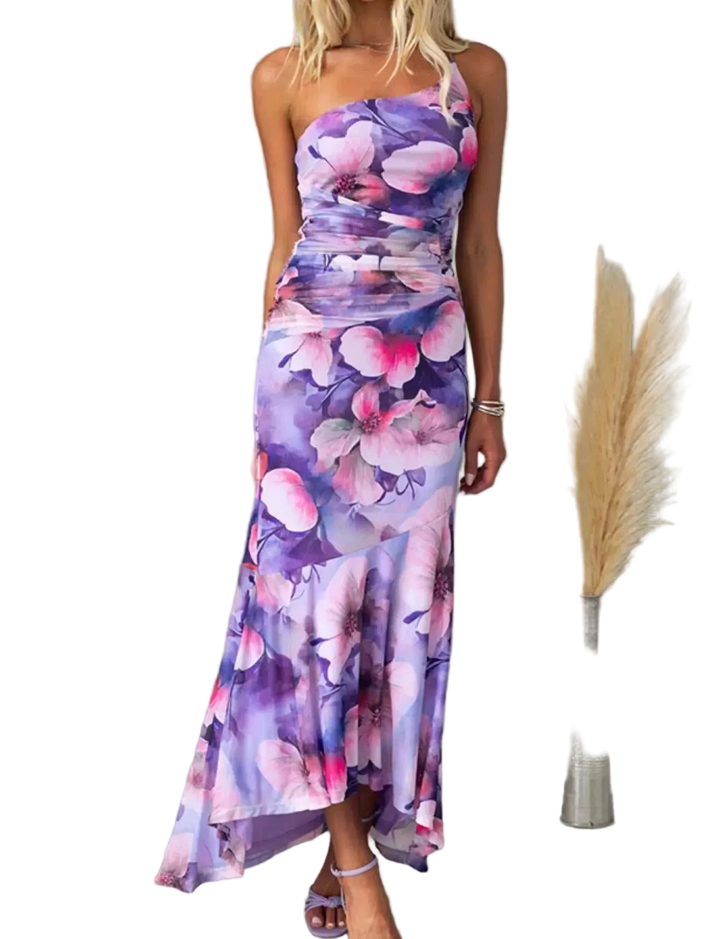Floral print one-shoulder ruched maxi dress with asymmetrical design and slight stretch
