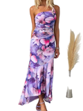 Floral print one-shoulder ruched maxi dress with asymmetrical design and slight stretch