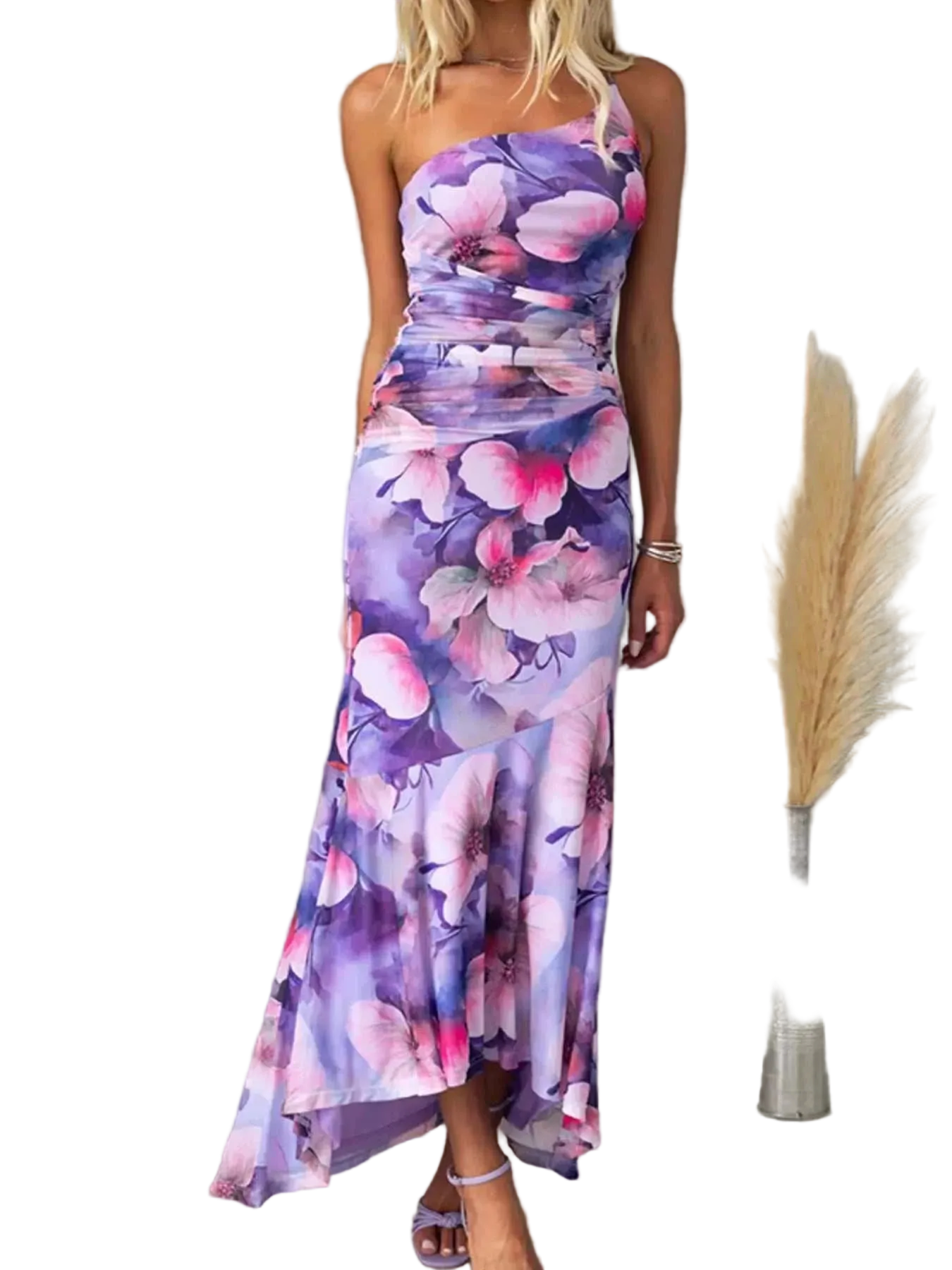 Floral print one-shoulder ruched maxi dress with asymmetrical design and slight stretch