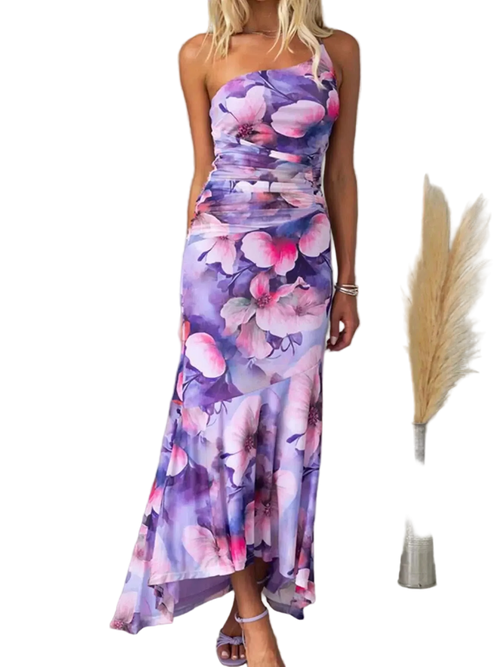 Floral print one-shoulder ruched maxi dress with asymmetrical design and slight stretch