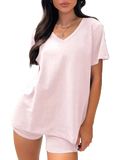 Two-piece basic V-neck T-shirt and shorts set in stretchy polyester-spandex blend