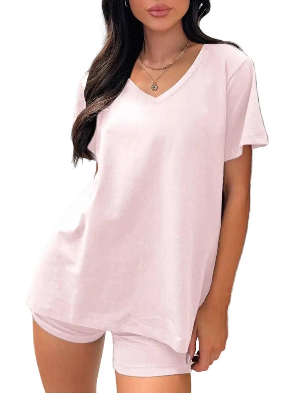 Two-piece basic V-neck T-shirt and shorts set in stretchy polyester-spandex blend