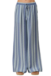 Women wearing SO ME stripe wide leg pull on pants with elastic waist and pockets