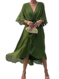Plus size full size flowy tie front midi dress with flutter sleeves and belted high-low design