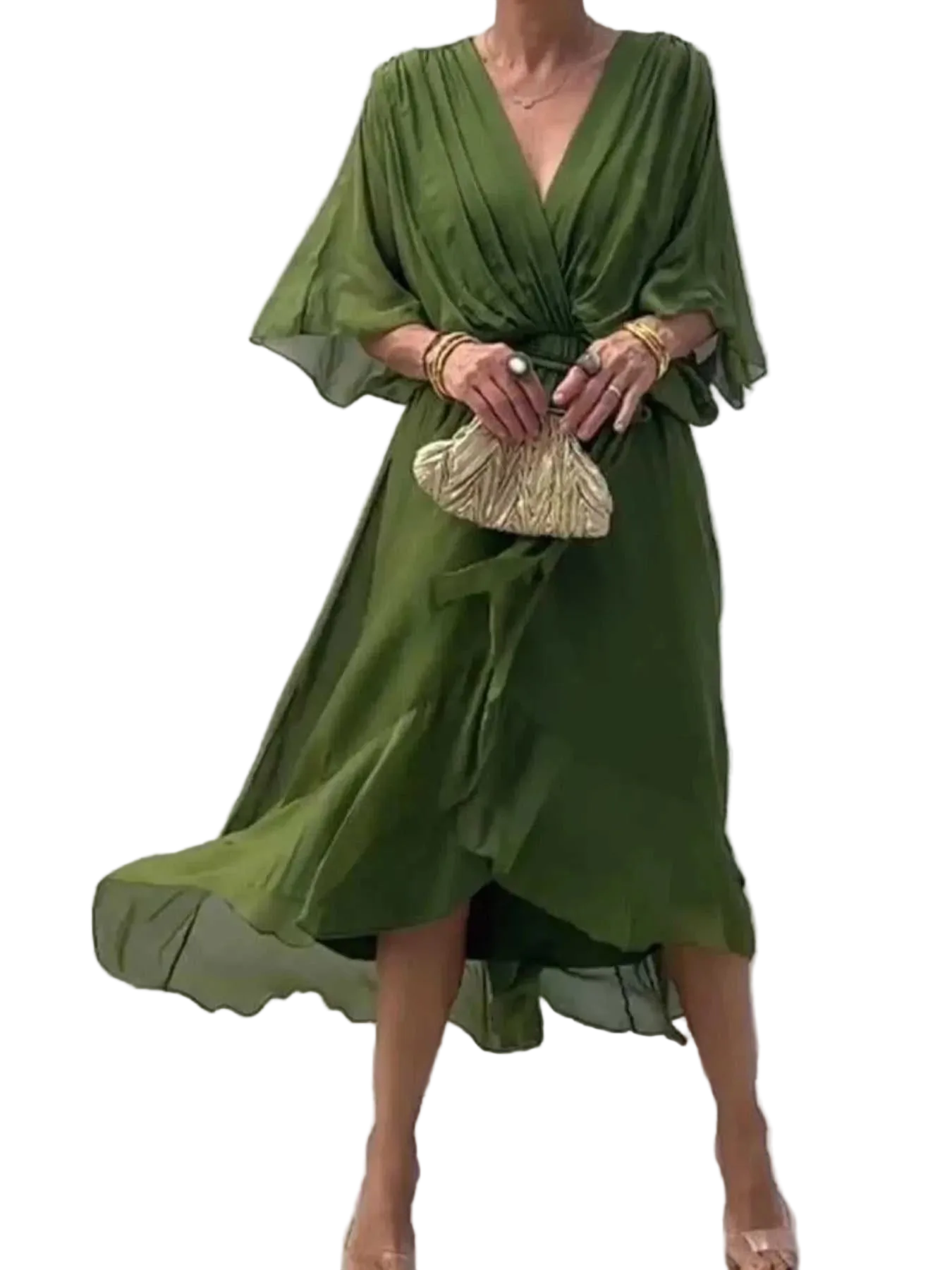 Plus size full size flowy tie front midi dress with flutter sleeves and belted high-low design